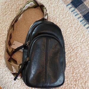 Black Leather Crossbody Sling Bag with Patterned Strap
